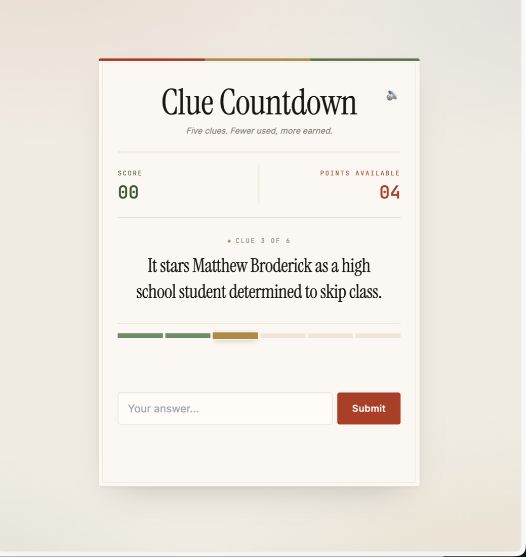 A Clue Countdown round showing clue three of six and a row of countdown bars