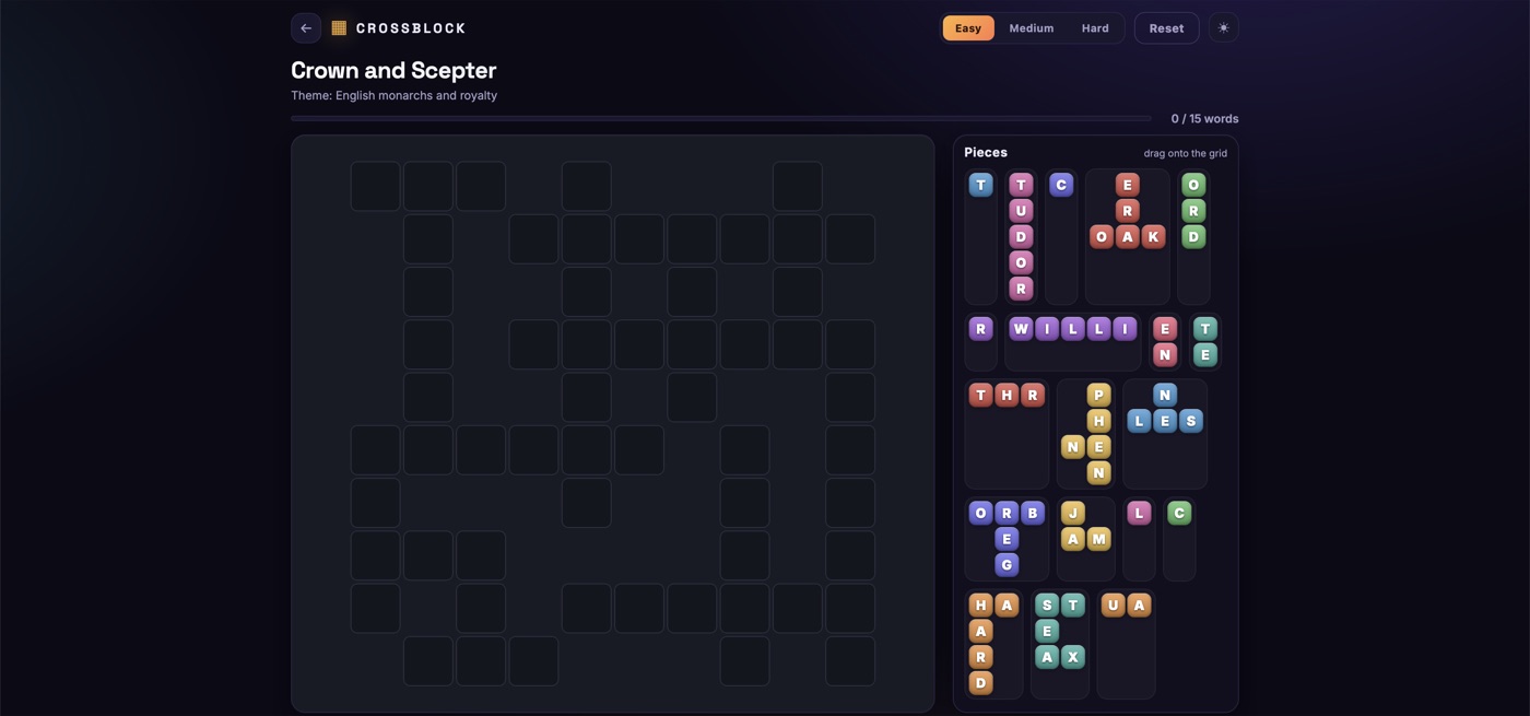 A Crossblock puzzle called Crown and Scepter: an empty crossword grid beside a tray of coloured letter pieces