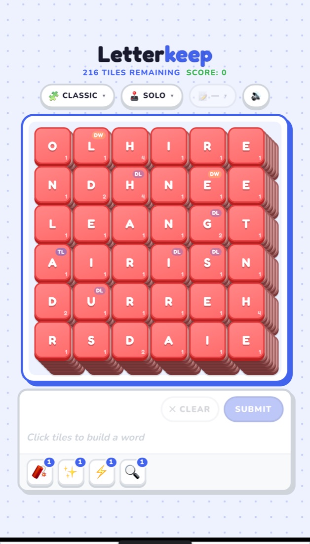 A Letterkeep board: a six-by-six grid of red letter tiles with bonus squares, stacked in visible layers