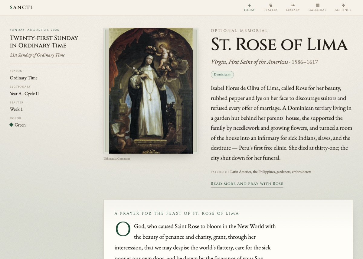 The Sancti today screen: the liturgical day, season, lectionary cycle and colour in the margin, with St. Rose of Lima, a painting of her, and a short life