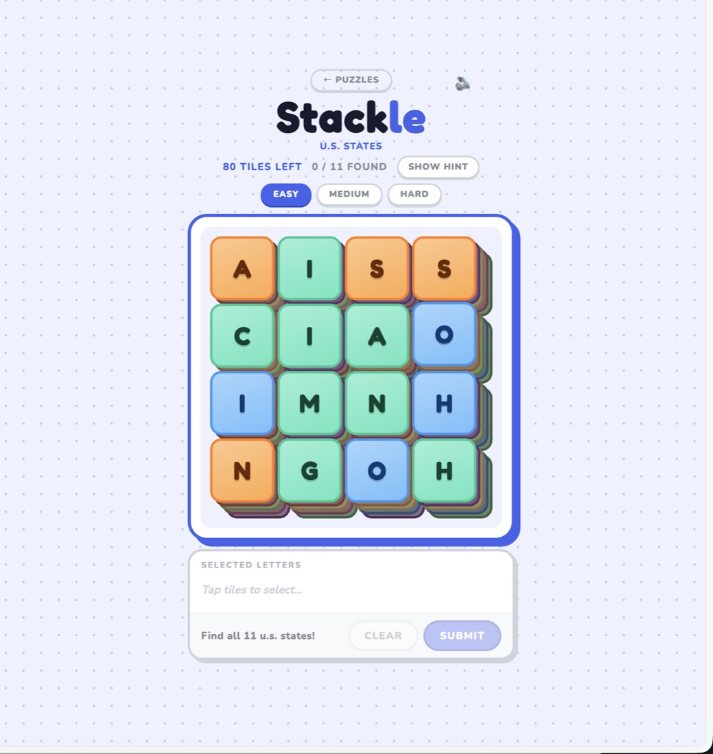 A Stackle puzzle titled U.S. States: a four-by-four board of coloured letter tiles with stacked layers beneath