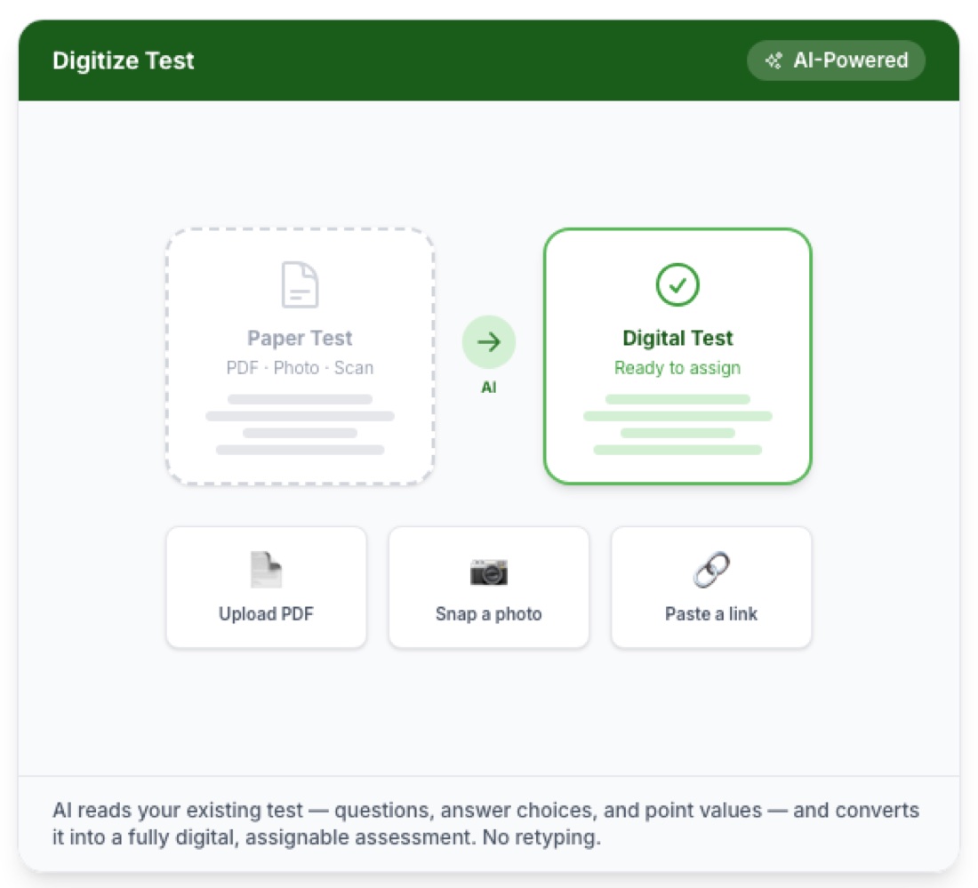 Studiorum's Digitize Test tool converting a paper test — uploaded as a PDF, photo or link — into a digital assignment ready to assign