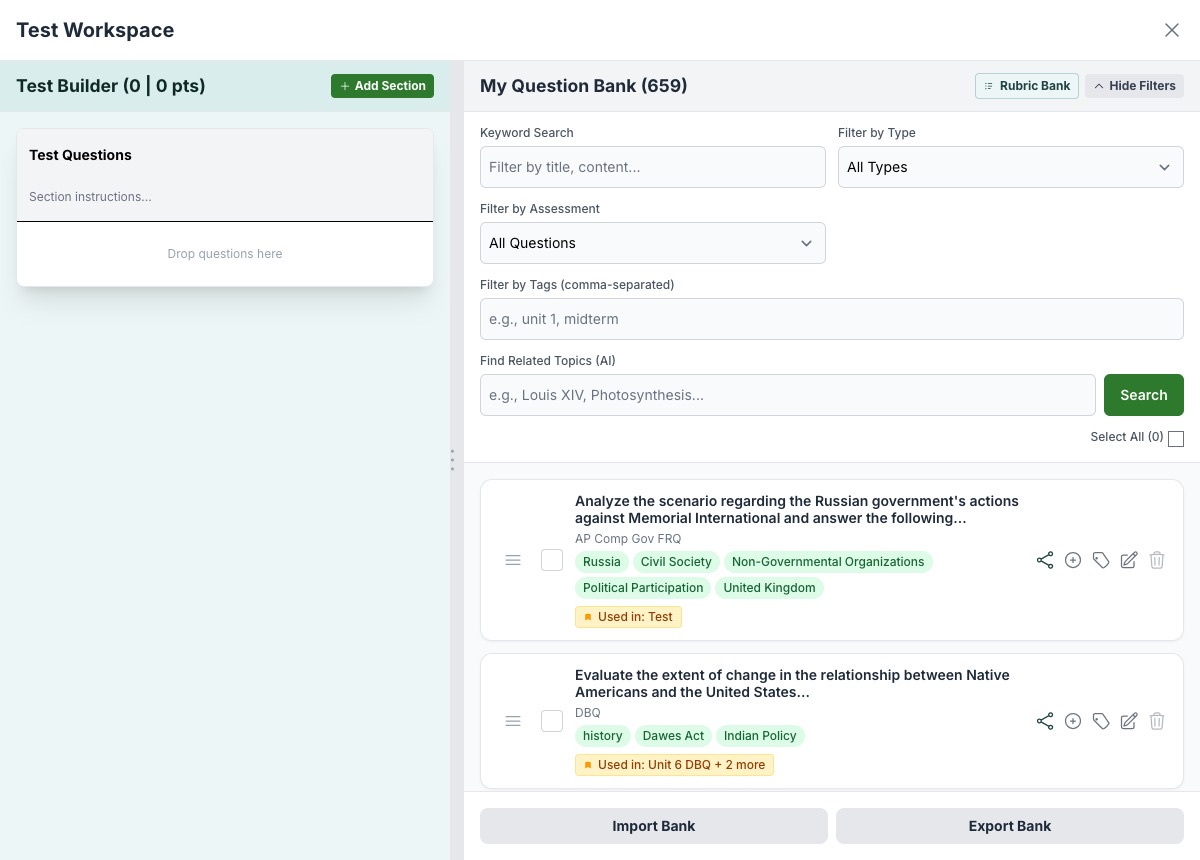 The Studiorum Test Workspace: a drag-and-drop test builder on the left, and a searchable question bank of 659 questions with type, tag and AI-related-topic filters on the right